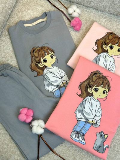 بلوز شلوار دختر و گربه 6 تا 9 سال